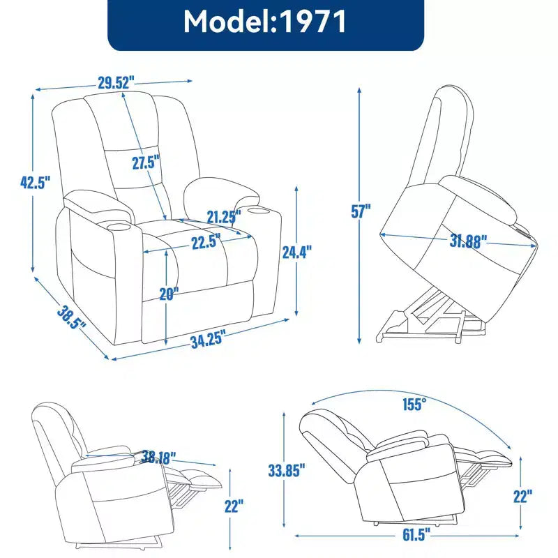 Gray Chenille Large Power Lift Recliner Chair with Massage and Heat 2 Steel Cup Holders for Elderly