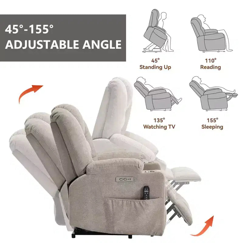 Gray Chenille Large Power Lift Recliner Chair with Massage and Heat 2 Steel Cup Holders for Elderly