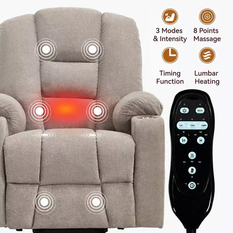 Gray Chenille Large Power Lift Recliner Chair with Massage and Heat 2 Steel Cup Holders for Elderly