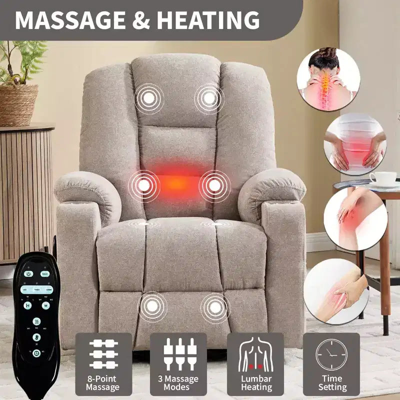 Gray Chenille Large Power Lift Recliner Chair with Massage and Heat 2 Steel Cup Holders for Elderly
