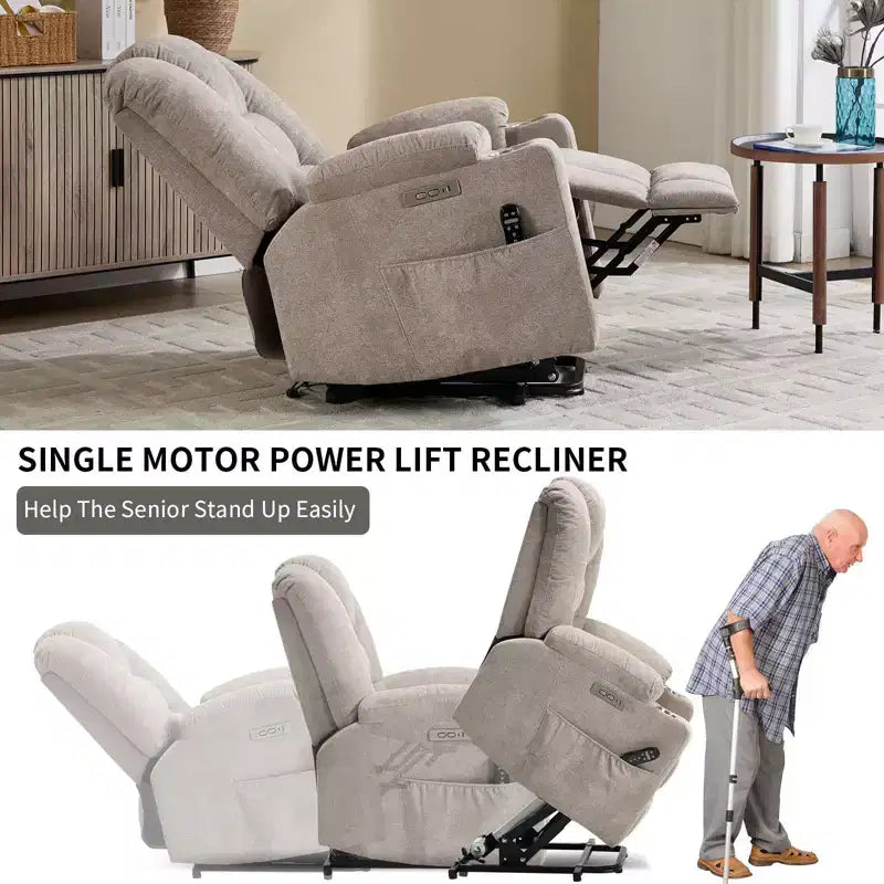 Gray Chenille Large Power Lift Recliner Chair with Massage and Heat 2 Steel Cup Holders for Elderly