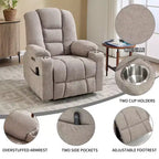 Gray Chenille Large Power Lift Recliner Chair with Massage and Heat 2 Steel Cup Holders for Elderly