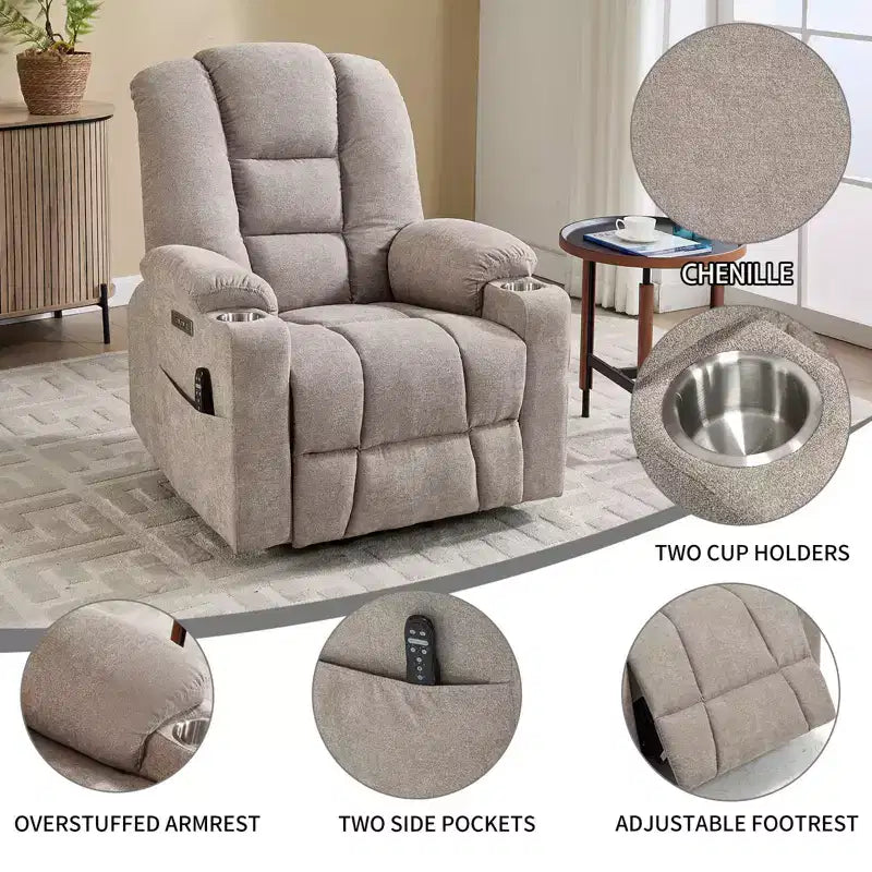 Gray Chenille Large Power Lift Recliner Chair with Massage and Heat 2 Steel Cup Holders for Elderly