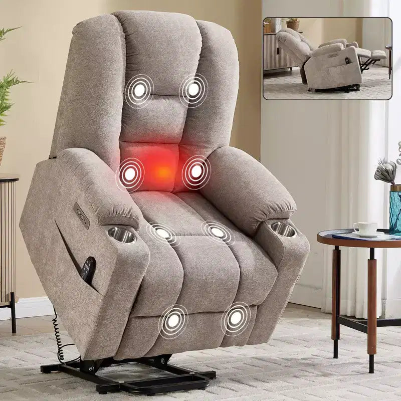 Gray Chenille Large Power Lift Recliner Chair with Massage and Heat 2 Steel Cup Holders for Elderly