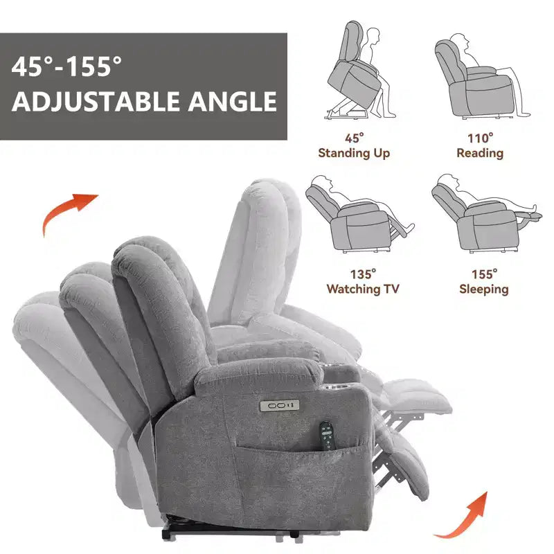 Gray Chenille Large Power Lift Recliner Chair with Massage and Heat 2 Steel Cup Holders for Elderly
