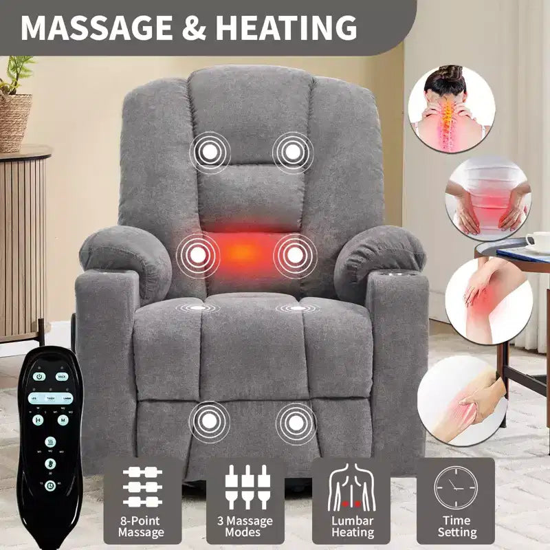 Gray Chenille Large Power Lift Recliner Chair with Massage and Heat 2 Steel Cup Holders for Elderly