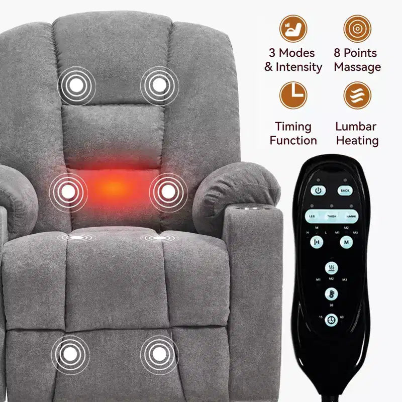 Gray Chenille Large Power Lift Recliner Chair with Massage and Heat 2 Steel Cup Holders for Elderly