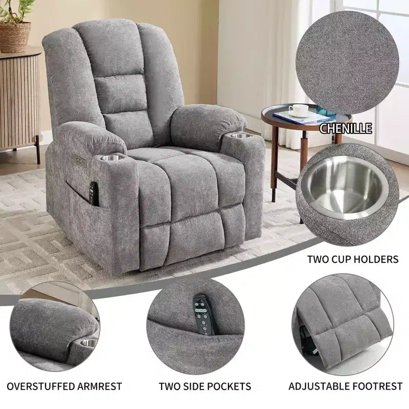 Gray Chenille Large Power Lift Recliner Chair with Massage and Heat 2 Steel Cup Holders for Elderly
