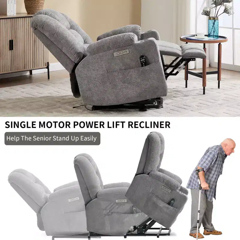 Gray Chenille Large Power Lift Recliner Chair with Massage and Heat 2 Steel Cup Holders for Elderly