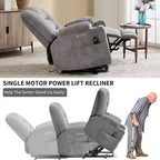 Gray Chenille Large Power Lift Recliner Chair with Massage and Heat 2 Steel Cup Holders for Elderly