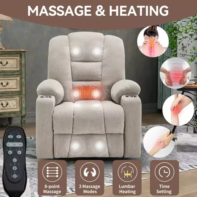 Gray Chenille Large Power Lift Recliner Chair with Massage and Heat 2 Steel Cup Holders for Elderly