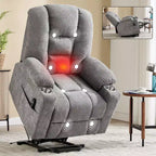 Gray Chenille Large Power Lift Recliner Chair with Massage and Heat 2 Steel Cup Holders for Elderly
