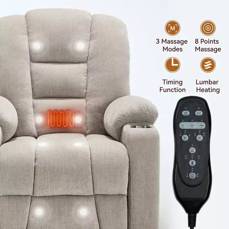 Gray Chenille Large Power Lift Recliner Chair with Massage and Heat 2 Steel Cup Holders for Elderly