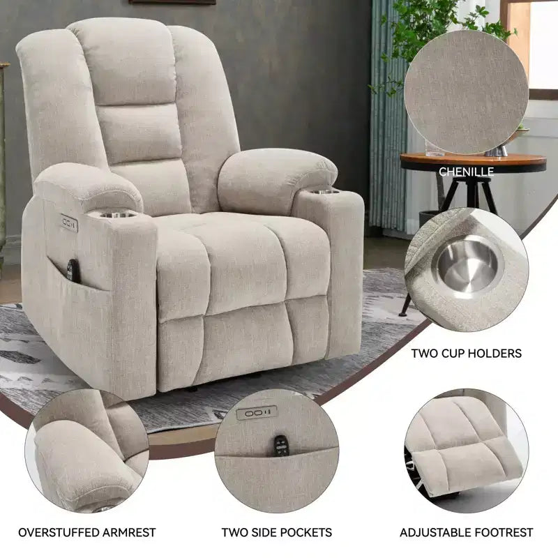Gray Chenille Large Power Lift Recliner Chair with Massage and Heat 2 Steel Cup Holders for Elderly
