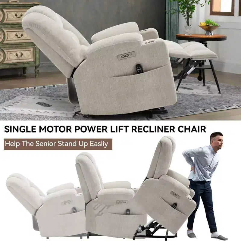 Gray Chenille Large Power Lift Recliner Chair with Massage and Heat 2 Steel Cup Holders for Elderly