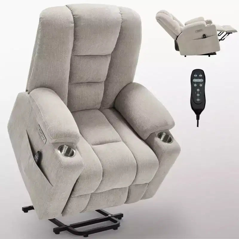 Gray Chenille Large Power Lift Recliner Chair with Massage and Heat 2 Steel Cup Holders for Elderly