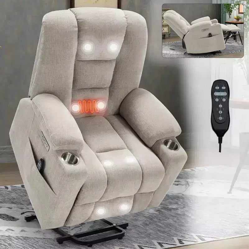 Gray Chenille Large Power Lift Recliner Chair with Massage and Heat 2 Steel Cup Holders for Elderly