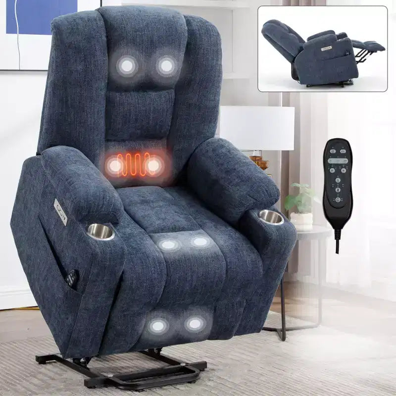 Gray Chenille Large Power Lift Recliner Chair with Massage and Heat 2 Steel Cup Holders for Elderly