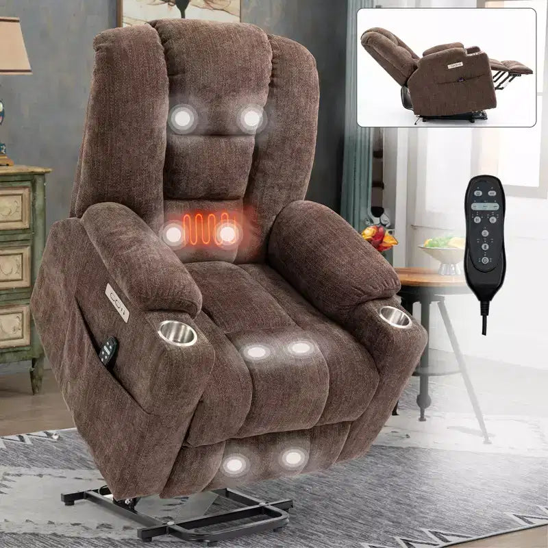 Gray Chenille Large Power Lift Recliner Chair with Massage and Heat 2 Steel Cup Holders for Elderly