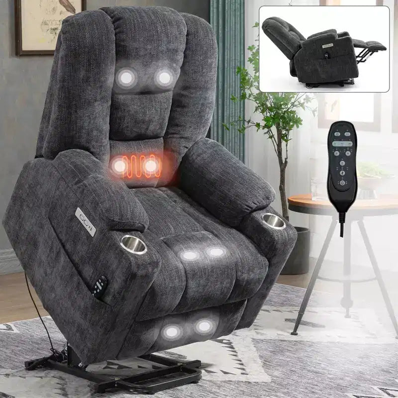 Gray Chenille Large Power Lift Recliner Chair with Massage and Heat 2 Steel Cup Holders for Elderly