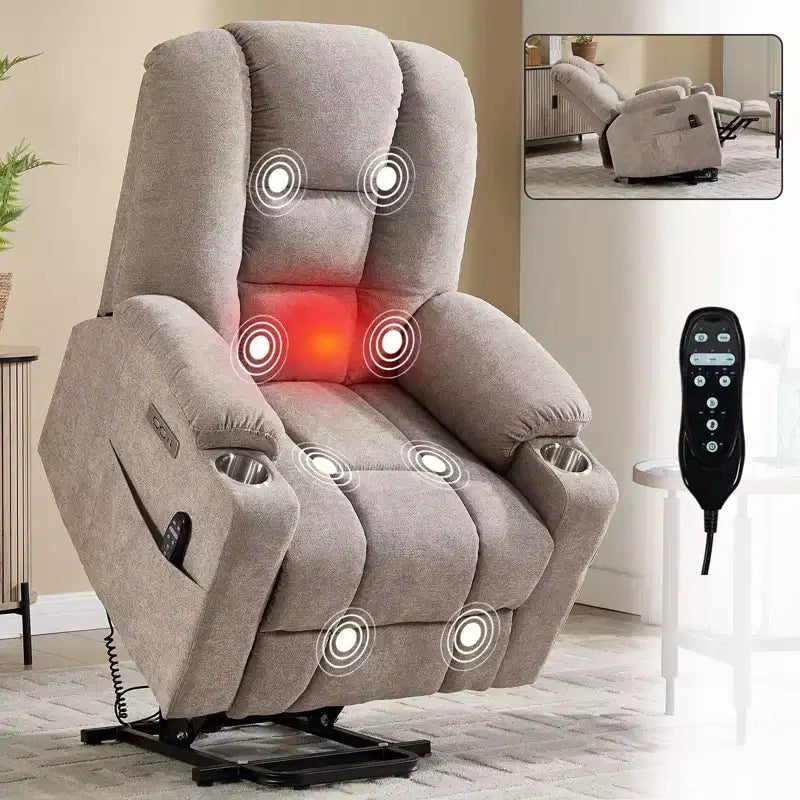 Gray Chenille Large Power Lift Recliner Chair with Massage and Heat 2 Steel Cup Holders for Elderly
