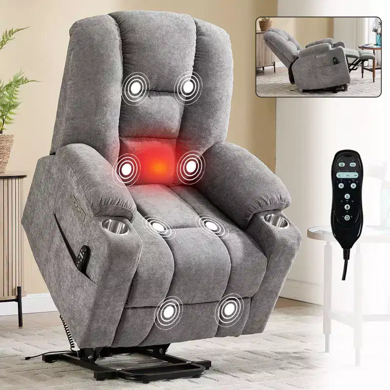 Gray Chenille Large Power Lift Recliner Chair with Massage and Heat 2 Steel Cup Holders for Elderly