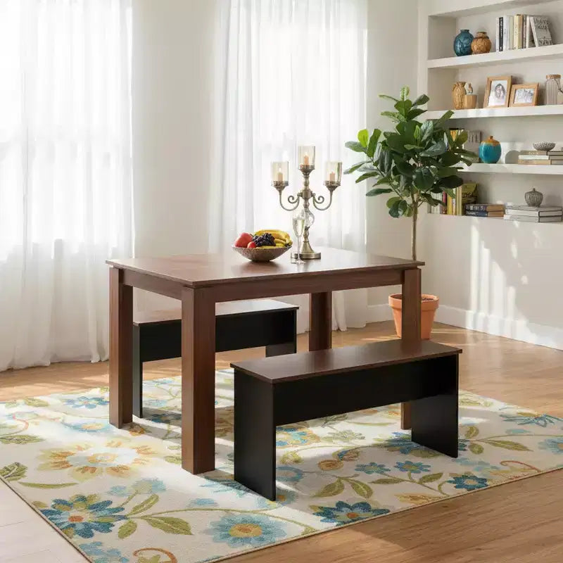 FurnitureR 47.2 Dining Table Set with 2 Benches, Modern MDF Wood Table and Seating Set, Space-Saving Dining Furniture for Kitchen & Dining Room