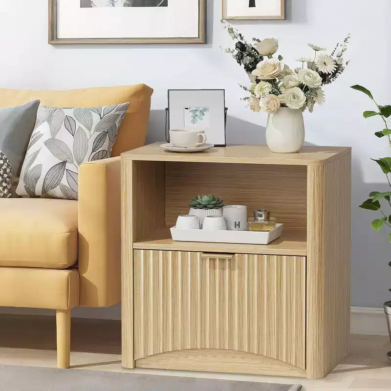 23 Inch Oak Nightstand, Waterproof Surface Bedside Table with Drawer & Storage, Mid Century Modern Fluted End Table
