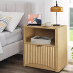 23 Inch Oak Nightstand, Waterproof Surface Bedside Table with Drawer & Storage, Mid Century Modern Fluted End Table