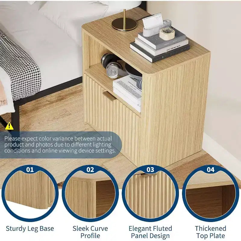 23 Inch Oak Nightstand, Waterproof Surface Bedside Table with Drawer & Storage, Mid Century Modern Fluted End Table