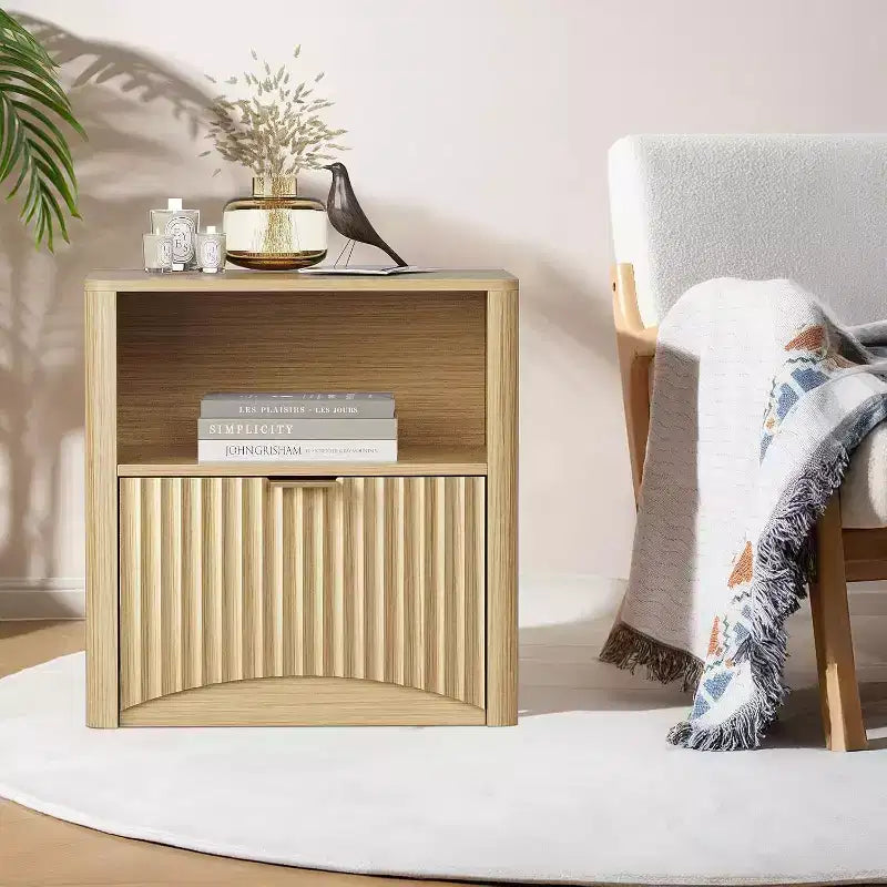 23 Inch Oak Nightstand, Waterproof Surface Bedside Table with Drawer & Storage, Mid Century Modern Fluted End Table