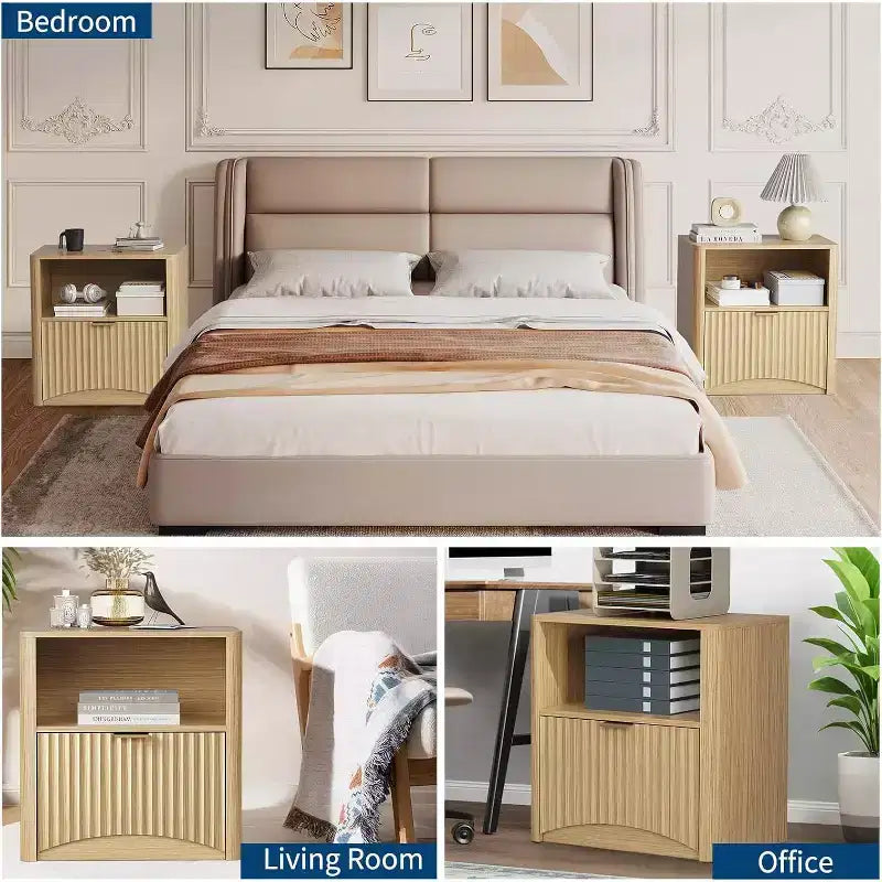 23 Inch Oak Nightstand, Waterproof Surface Bedside Table with Drawer & Storage, Mid Century Modern Fluted End Table