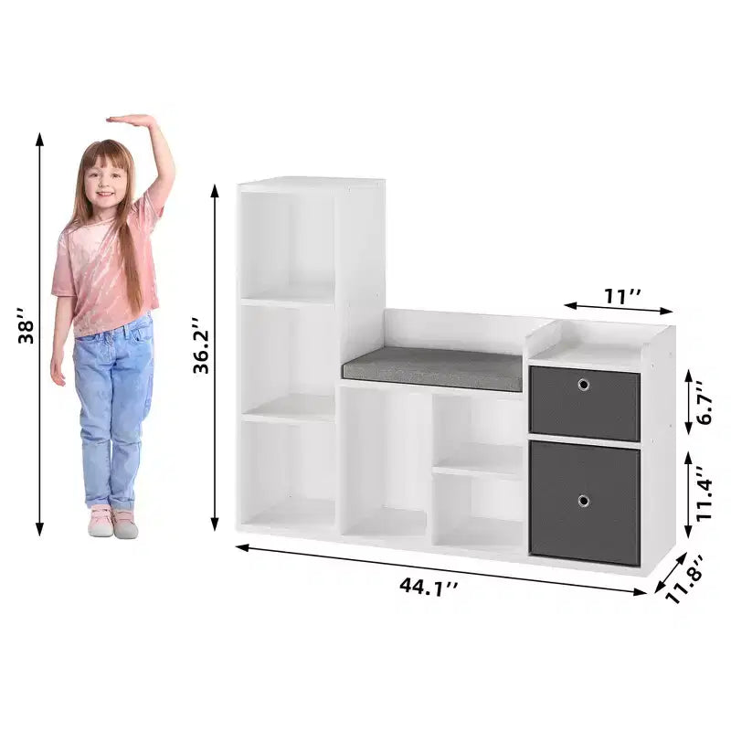 Meuble de rangement pour jouets avec coin lecture, bibliothèque blanche avec coussin d’assise, banc de rangement en bois à 6 casiers, 2 tiroirs, meuble à étagères pour chambre d’enfant