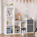 Meuble de rangement pour jouets avec coin lecture, bibliothèque blanche avec coussin d’assise, banc de rangement en bois à 6 casiers, 2 tiroirs, meuble à étagères pour chambre d’enfant