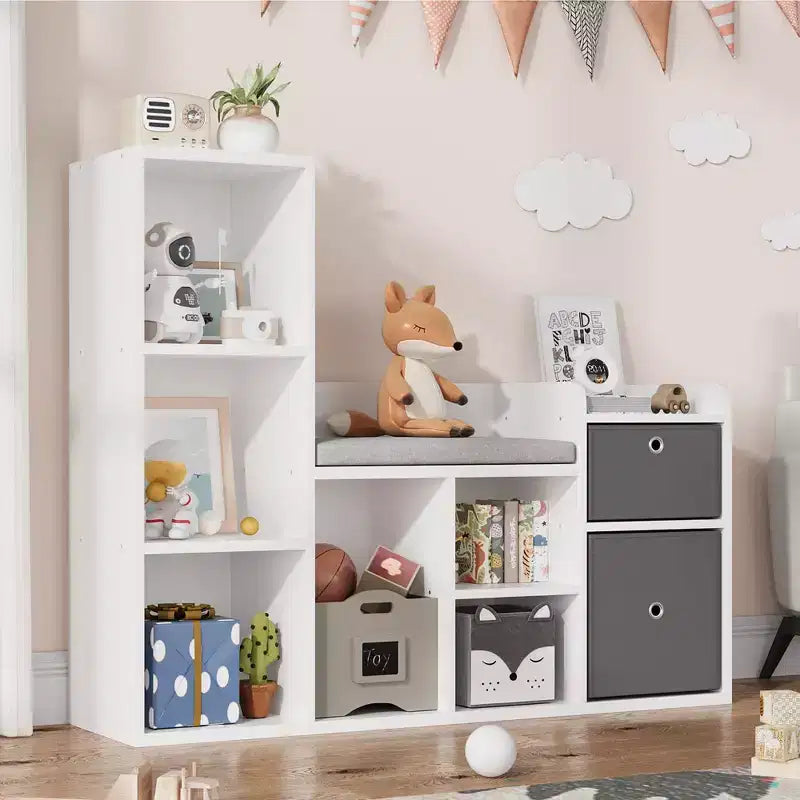 Meuble de rangement pour jouets avec coin lecture, bibliothèque blanche avec coussin d’assise, banc de rangement en bois à 6 casiers, 2 tiroirs, meuble à étagères pour chambre d’enfant