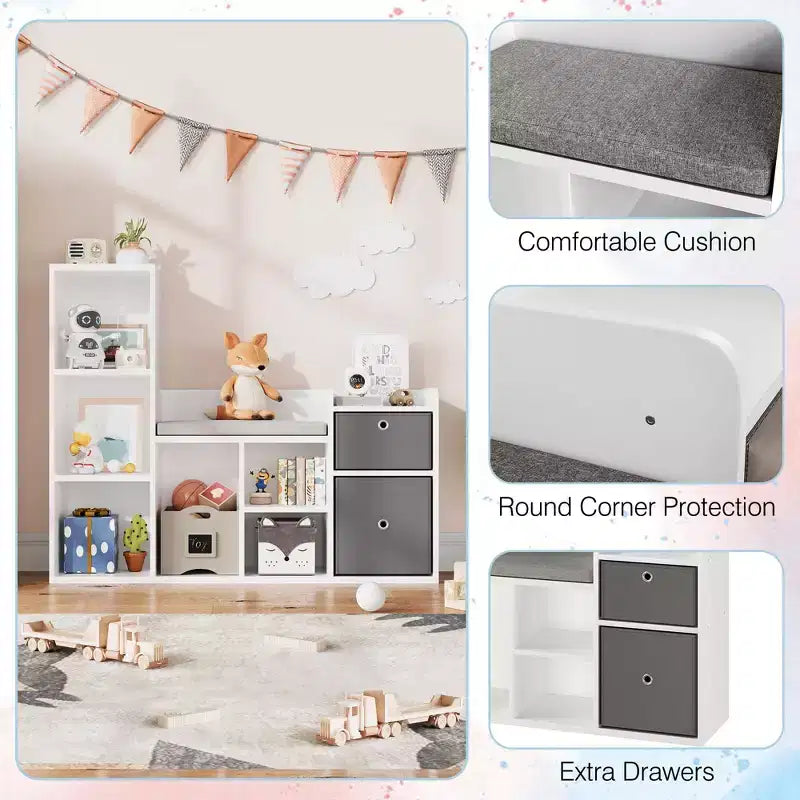 Meuble de rangement pour jouets avec coin lecture, bibliothèque blanche avec coussin d’assise, banc de rangement en bois à 6 casiers, 2 tiroirs, meuble à étagères pour chambre d’enfant