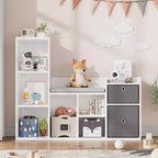 Meuble de rangement pour jouets avec coin lecture, bibliothèque blanche avec coussin d’assise, banc de rangement en bois à 6 casiers, 2 tiroirs, meuble à étagères pour chambre d’enfant