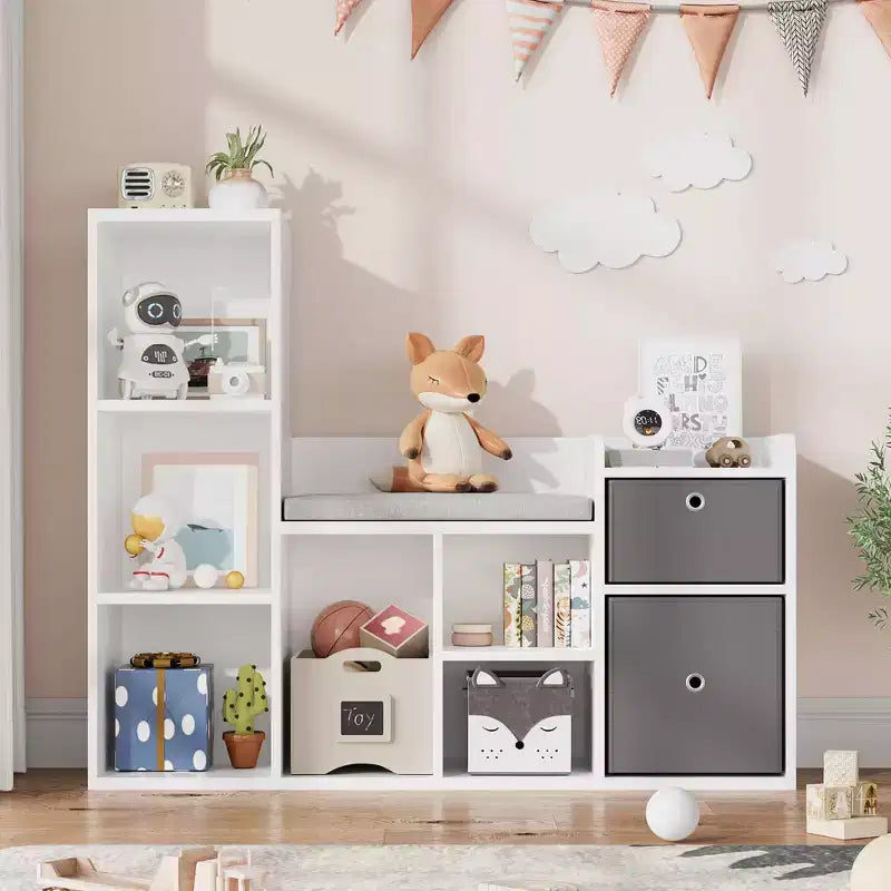 Meuble de rangement pour jouets avec coin lecture, bibliothèque blanche avec coussin d’assise, banc de rangement en bois à 6 casiers, 2 tiroirs, meuble à étagères pour chambre d’enfant