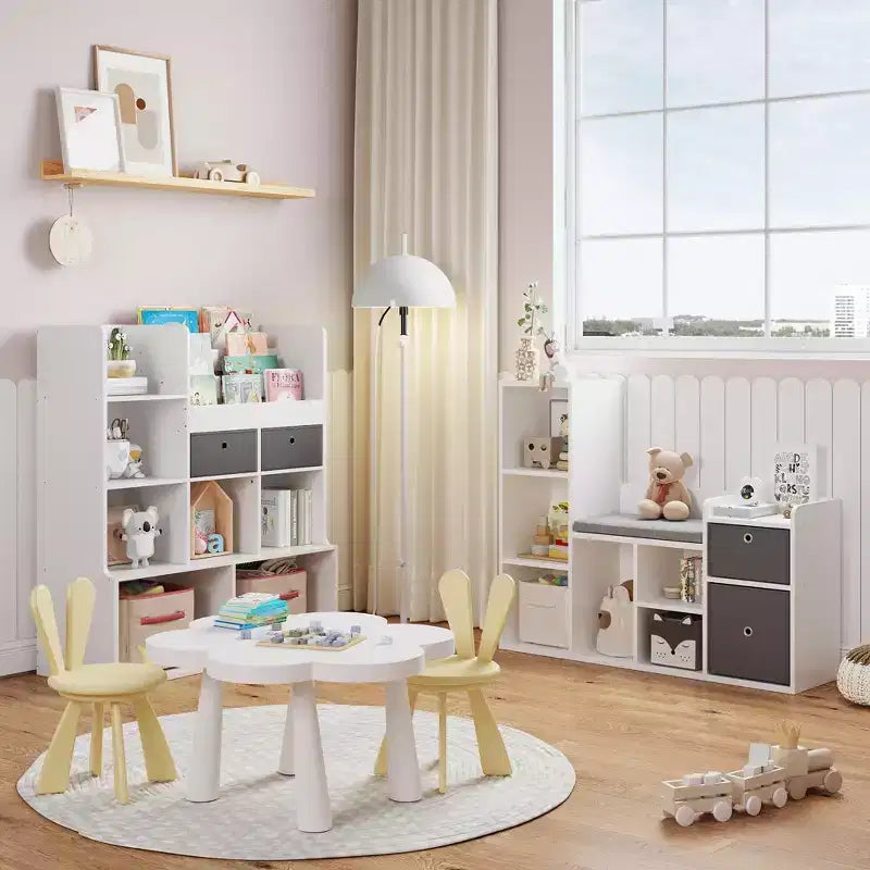 Meuble de rangement pour jouets avec coin lecture, bibliothèque blanche avec coussin d’assise, banc de rangement en bois à 6 casiers, 2 tiroirs, meuble à étagères pour chambre d’enfant