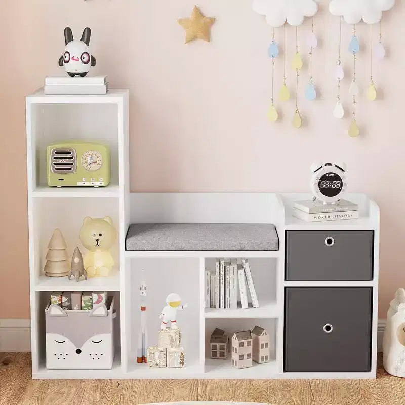 Meuble de rangement pour jouets avec coin lecture, bibliothèque blanche avec coussin d’assise, banc de rangement en bois à 6 casiers, 2 tiroirs, meuble à étagères pour chambre d’enfant