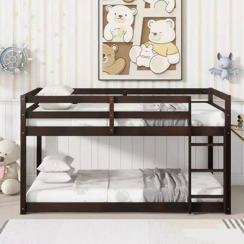 Bellemave Twin over Twin Low-Height Floor Bunk Bed for Kids, Solid Wood Frame with Wide Ladder, Sturdy Slats, Space-Saving Design, Multiple Colors