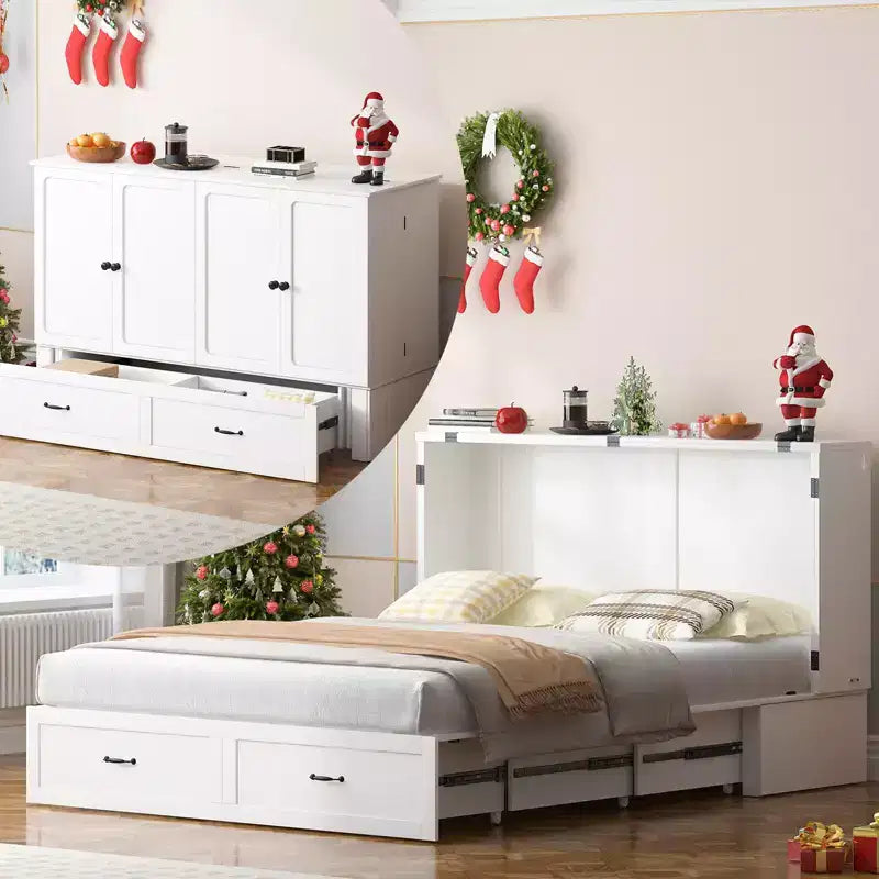 Mjkone Queen Murphy Bed with Storage&Charging Station, Farmhouse Cabinet Bed,Noise-Free,for Guest Room,Optional Mattress