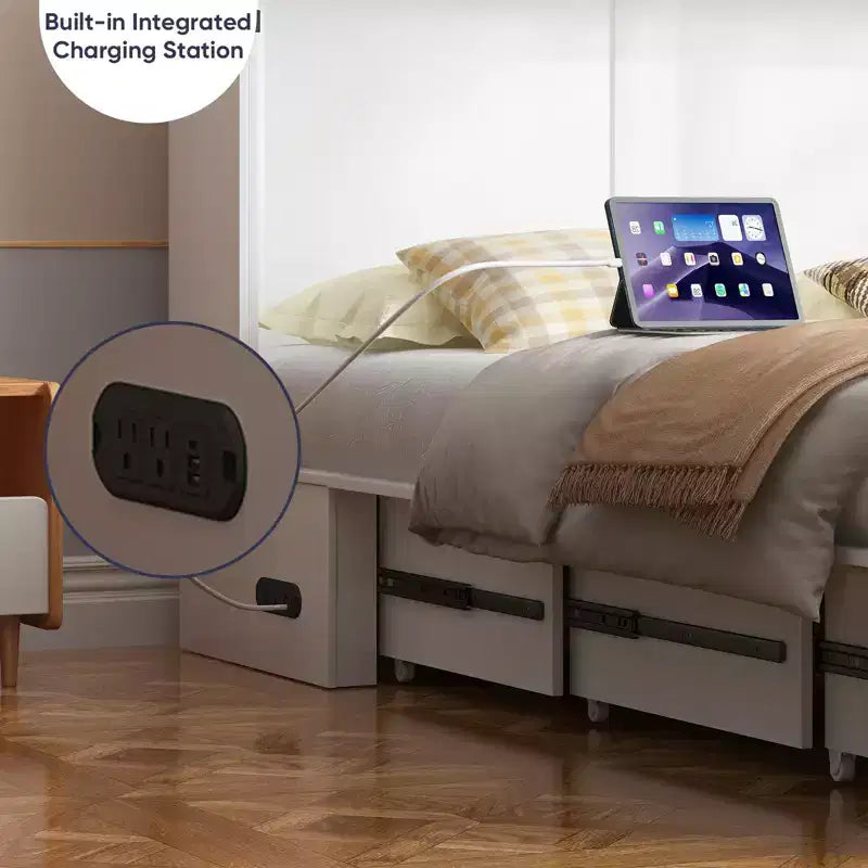 Mjkone Queen Murphy Bed with Storage&Charging Station, Farmhouse Cabinet Bed,Noise-Free,for Guest Room,Optional Mattress