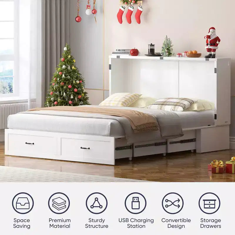 Mjkone Queen Murphy Bed with Storage&Charging Station, Farmhouse Cabinet Bed,Noise-Free,for Guest Room,Optional Mattress