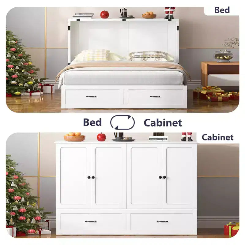 Mjkone Queen Murphy Bed with Storage&Charging Station, Farmhouse Cabinet Bed,Noise-Free,for Guest Room,Optional Mattress