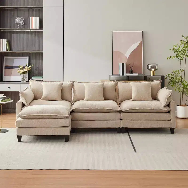 Acekool extra grote L-vormige hoekbank, modulaire chenillebank met 3 zitplaatsen, diepe zitting en poef, comfortabele converteerbare bank voor de woonkamer