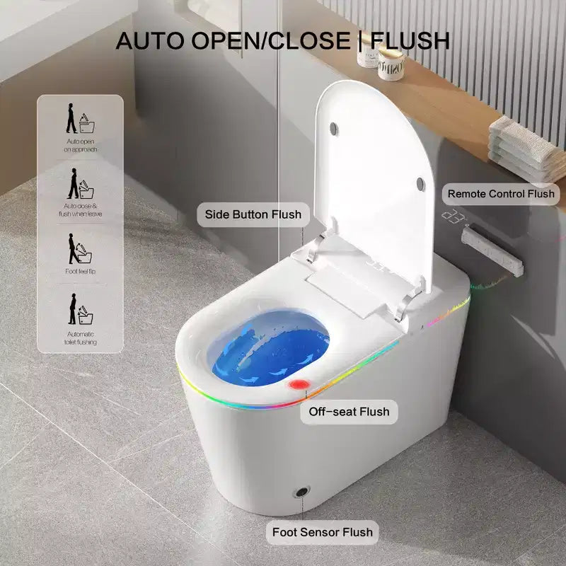 Dyonery okos WC, tartály nélküli, egyrészes kivitel habvédővel, automatikusan nyíló és záródó fedéllel, fűtött bidével és szárítóval, LED-es éjszakai fénnyel, automata öblítéssel