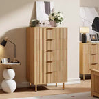 48 Tall 5-Drawer Fluted Dresser in Natural - Modern Deep-Drawer Wooden Chest with Wide Top for Bedroom, Living Room, Hallway & Kids' Room.