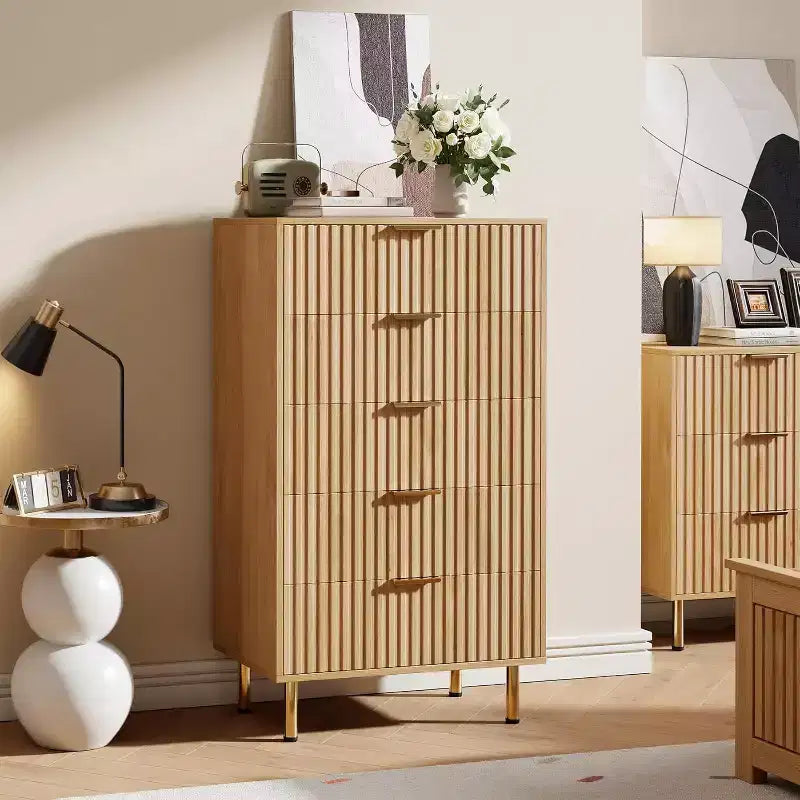 48 Tall 5-Drawer Fluted Dresser in Natural - Modern Deep-Drawer Wooden Chest with Wide Top for Bedroom, Living Room, Hallway & Kids' Room.