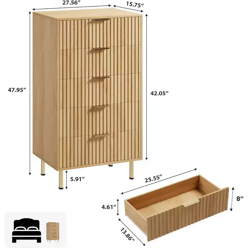 48 Tall 5-Drawer Fluted Dresser in Natural - Modern Deep-Drawer Wooden Chest with Wide Top for Bedroom, Living Room, Hallway & Kids' Room.